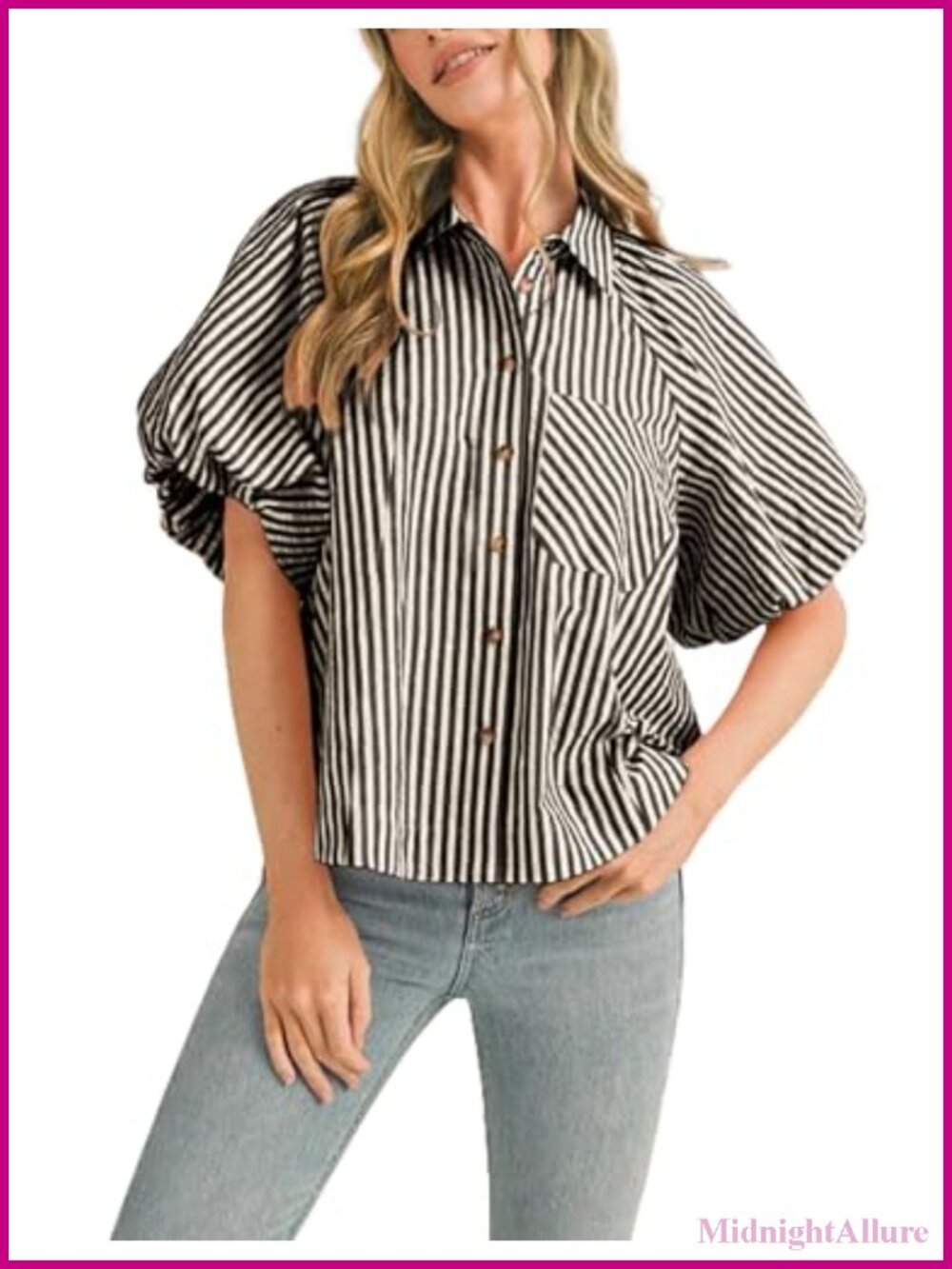 Women's Striped Button Down Shirt Puff Sleeve V Neck Casual Blouse